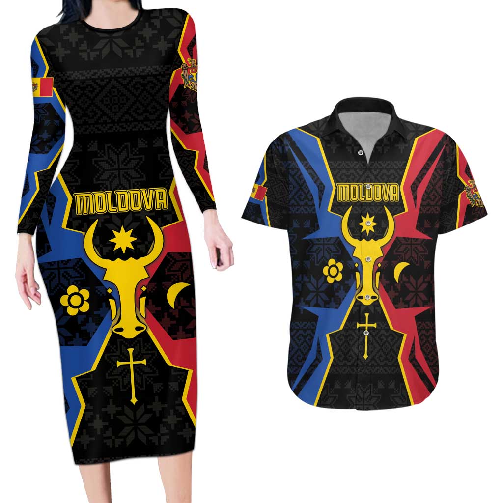 Personalized Moldova Couples Matching Long Sleeve Bodycon Dress and Hawaiian Shirt The Aurochs Symbol With Patterns - Wonder Print Shop