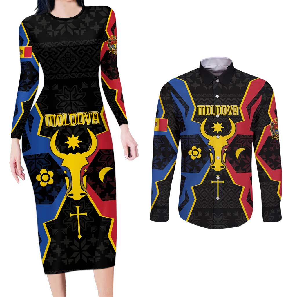 Personalized Moldova Couples Matching Long Sleeve Bodycon Dress and Long Sleeve Button Shirt The Aurochs Symbol With Patterns - Wonder Print Shop