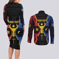 Personalized Moldova Couples Matching Long Sleeve Bodycon Dress and Long Sleeve Button Shirt The Aurochs Symbol With Patterns - Wonder Print Shop