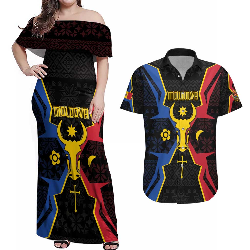 Personalized Moldova Couples Matching Off Shoulder Maxi Dress and Hawaiian Shirt The Aurochs Symbol With Patterns - Wonder Print Shop