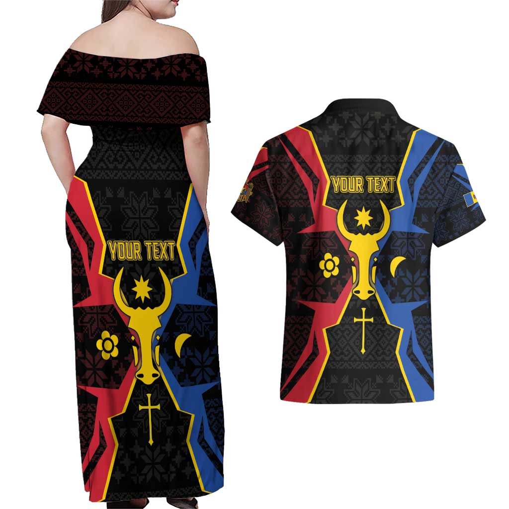 Personalized Moldova Couples Matching Off Shoulder Maxi Dress and Hawaiian Shirt The Aurochs Symbol With Patterns - Wonder Print Shop