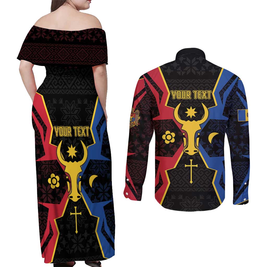 Personalized Moldova Couples Matching Off Shoulder Maxi Dress and Long Sleeve Button Shirt The Aurochs Symbol With Patterns - Wonder Print Shop