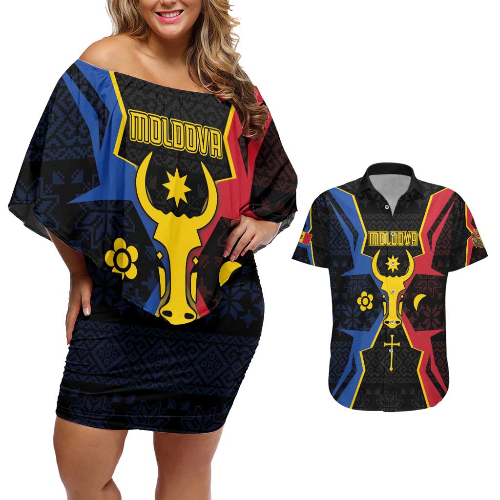 Personalized Moldova Couples Matching Off Shoulder Short Dress and Hawaiian Shirt The Aurochs Symbol With Patterns - Wonder Print Shop