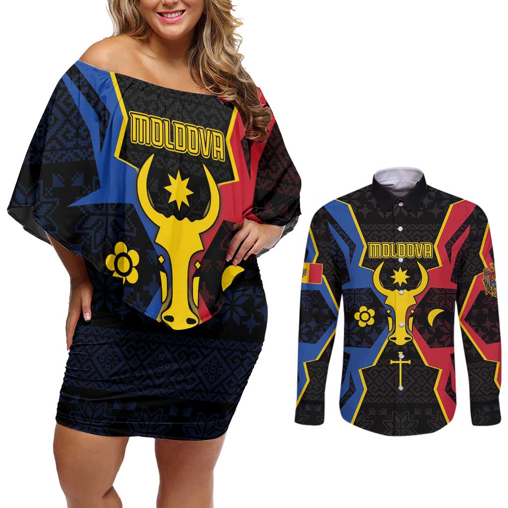 Personalized Moldova Couples Matching Off Shoulder Short Dress and Long Sleeve Button Shirt The Aurochs Symbol With Patterns - Wonder Print Shop