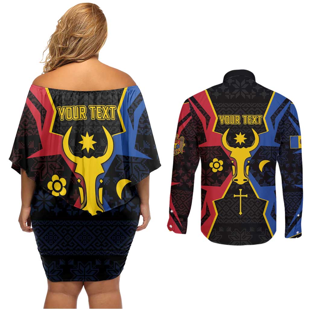 Personalized Moldova Couples Matching Off Shoulder Short Dress and Long Sleeve Button Shirt The Aurochs Symbol With Patterns - Wonder Print Shop