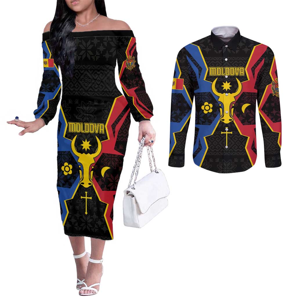 Personalized Moldova Couples Matching Off The Shoulder Long Sleeve Dress and Long Sleeve Button Shirt The Aurochs Symbol With Patterns - Wonder Print Shop