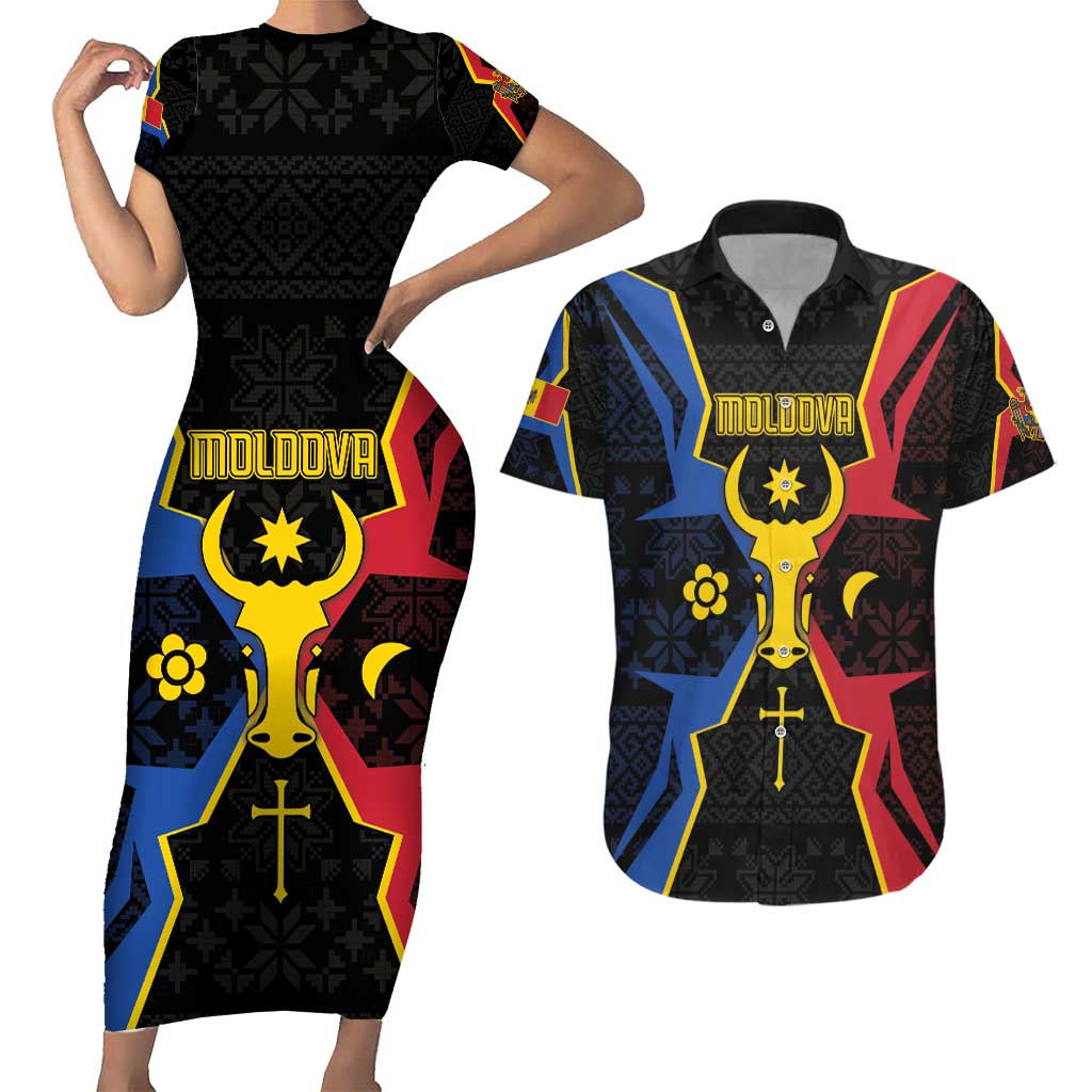 Personalized Moldova Couples Matching Short Sleeve Bodycon Dress and Hawaiian Shirt The Aurochs Symbol With Patterns - Wonder Print Shop