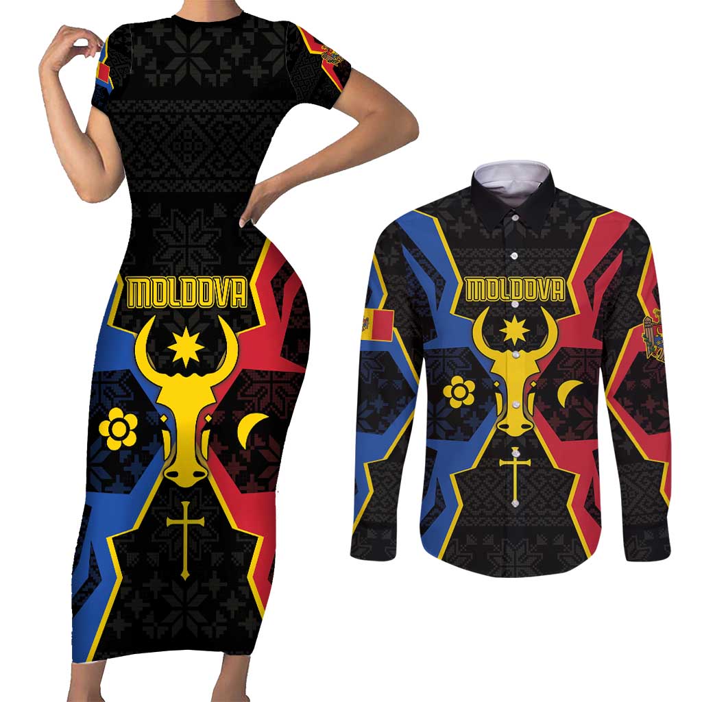 Personalized Moldova Couples Matching Short Sleeve Bodycon Dress and Long Sleeve Button Shirt The Aurochs Symbol With Patterns - Wonder Print Shop