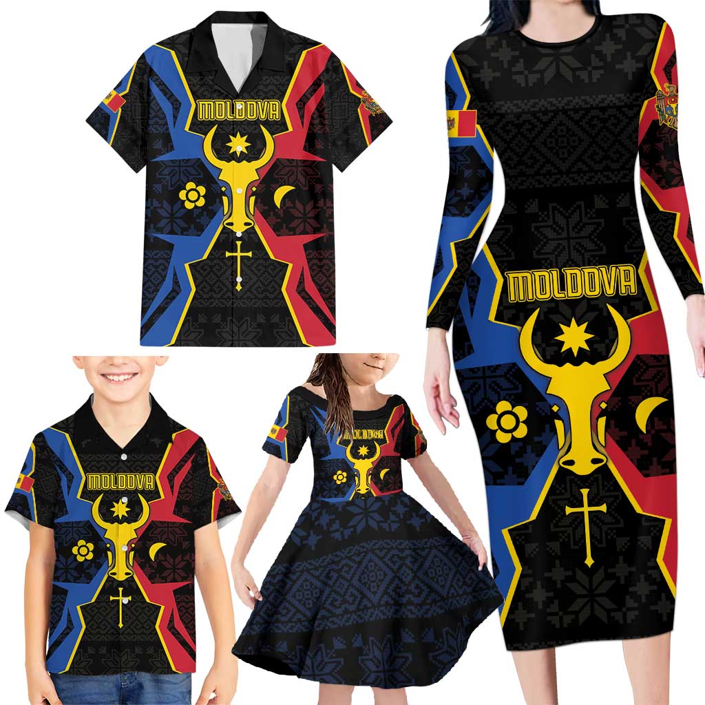 Personalized Moldova Family Matching Long Sleeve Bodycon Dress and Hawaiian Shirt The Aurochs Symbol With Patterns - Wonder Print Shop