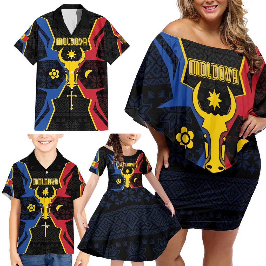 Personalized Moldova Family Matching Off Shoulder Short Dress and Hawaiian Shirt The Aurochs Symbol With Patterns - Wonder Print Shop