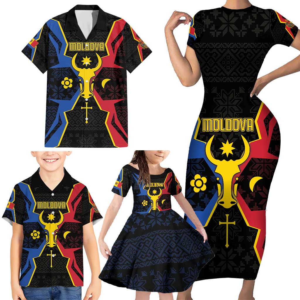 Personalized Moldova Family Matching Short Sleeve Bodycon Dress and Hawaiian Shirt The Aurochs Symbol With Patterns - Wonder Print Shop