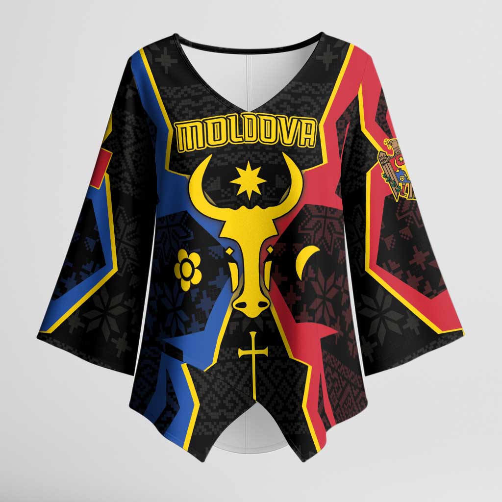 Personalized Moldova Kimono Sleeve Blouse The Aurochs Symbol With Patterns - Wonder Print Shop