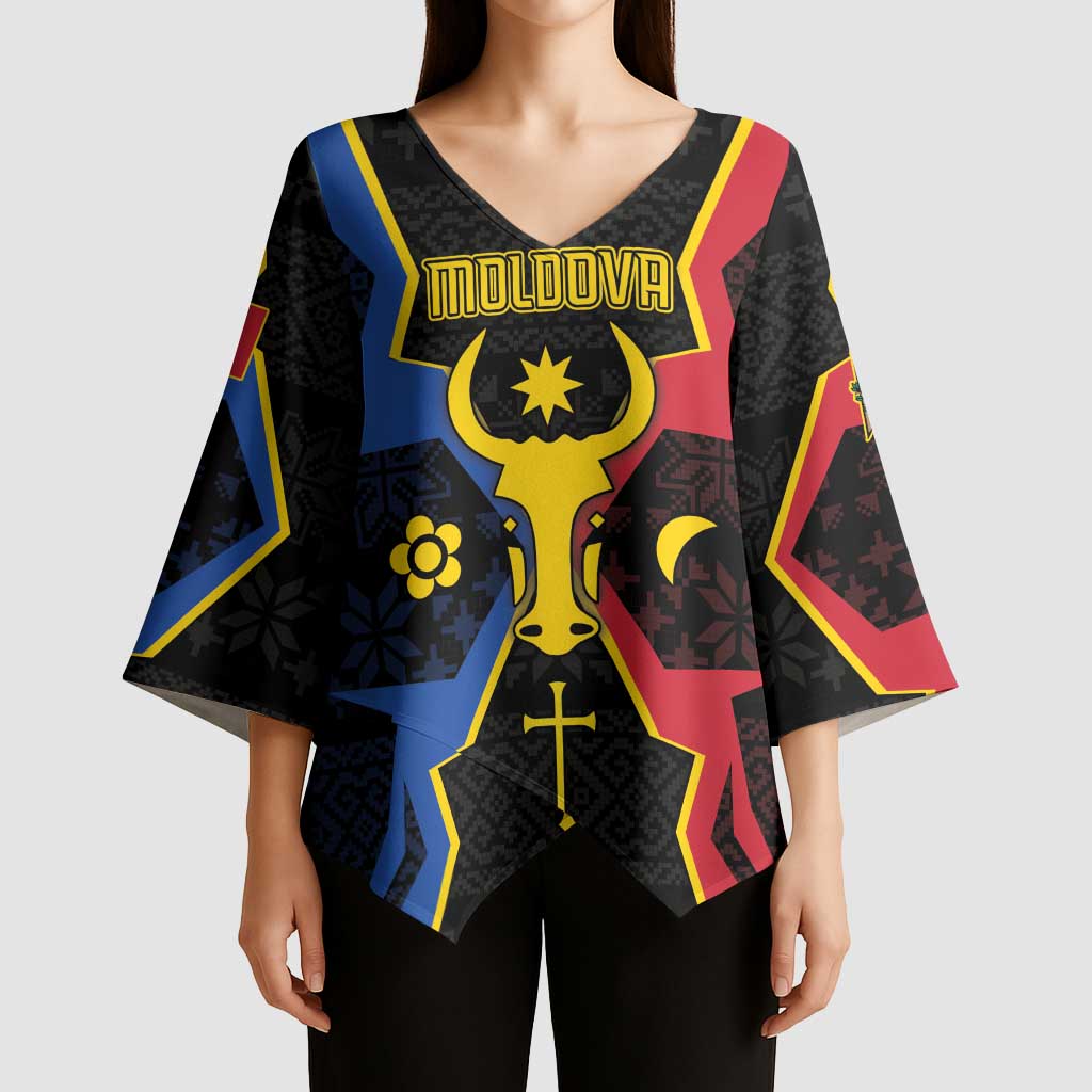 Personalized Moldova Kimono Sleeve Blouse The Aurochs Symbol With Patterns - Wonder Print Shop