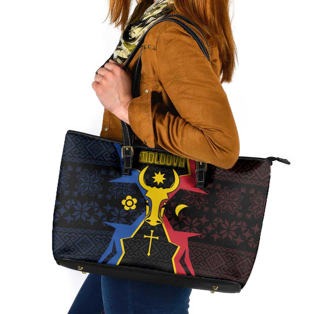 Moldova Leather Tote Bag The Aurochs Symbol With Patterns - Wonder Print Shop