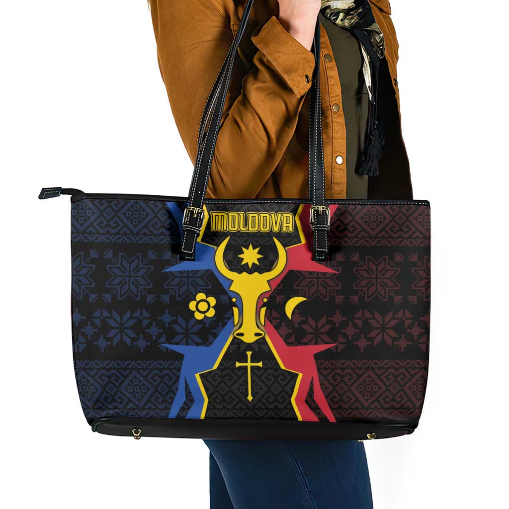 Moldova Leather Tote Bag The Aurochs Symbol With Patterns - Wonder Print Shop