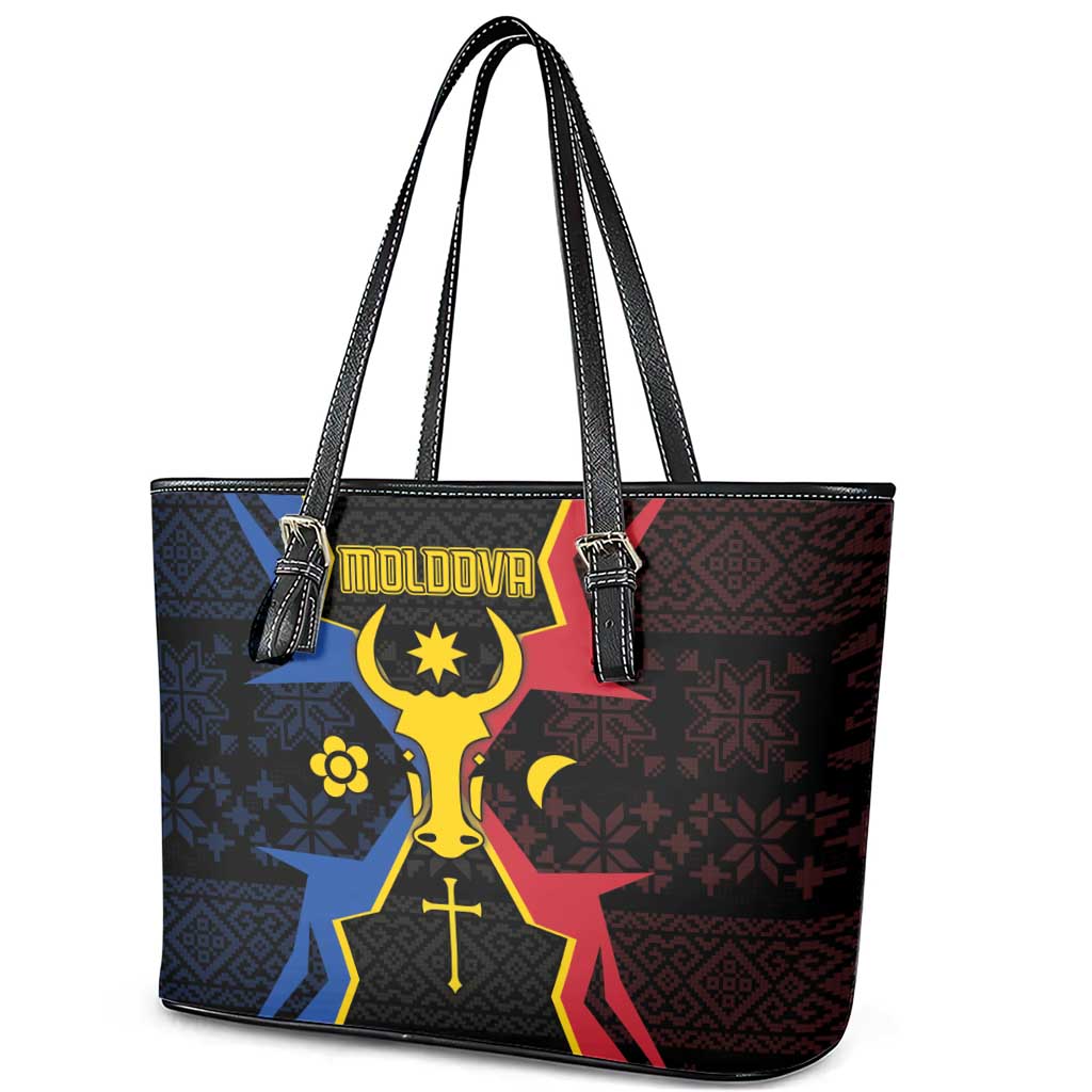 Moldova Leather Tote Bag The Aurochs Symbol With Patterns - Wonder Print Shop