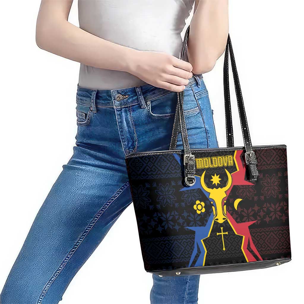 Moldova Leather Tote Bag The Aurochs Symbol With Patterns - Wonder Print Shop
