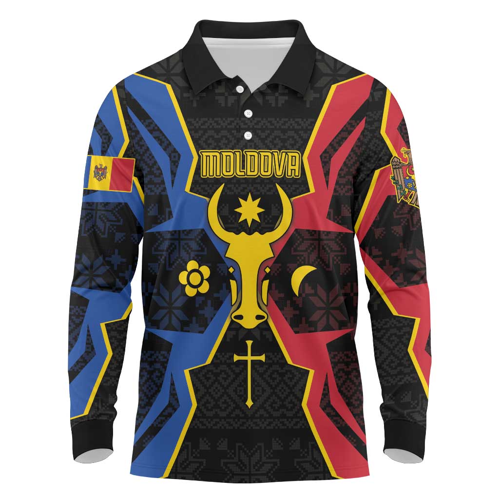 Personalized Moldova Long Sleeve Polo Shirt The Aurochs Symbol With Patterns - Wonder Print Shop