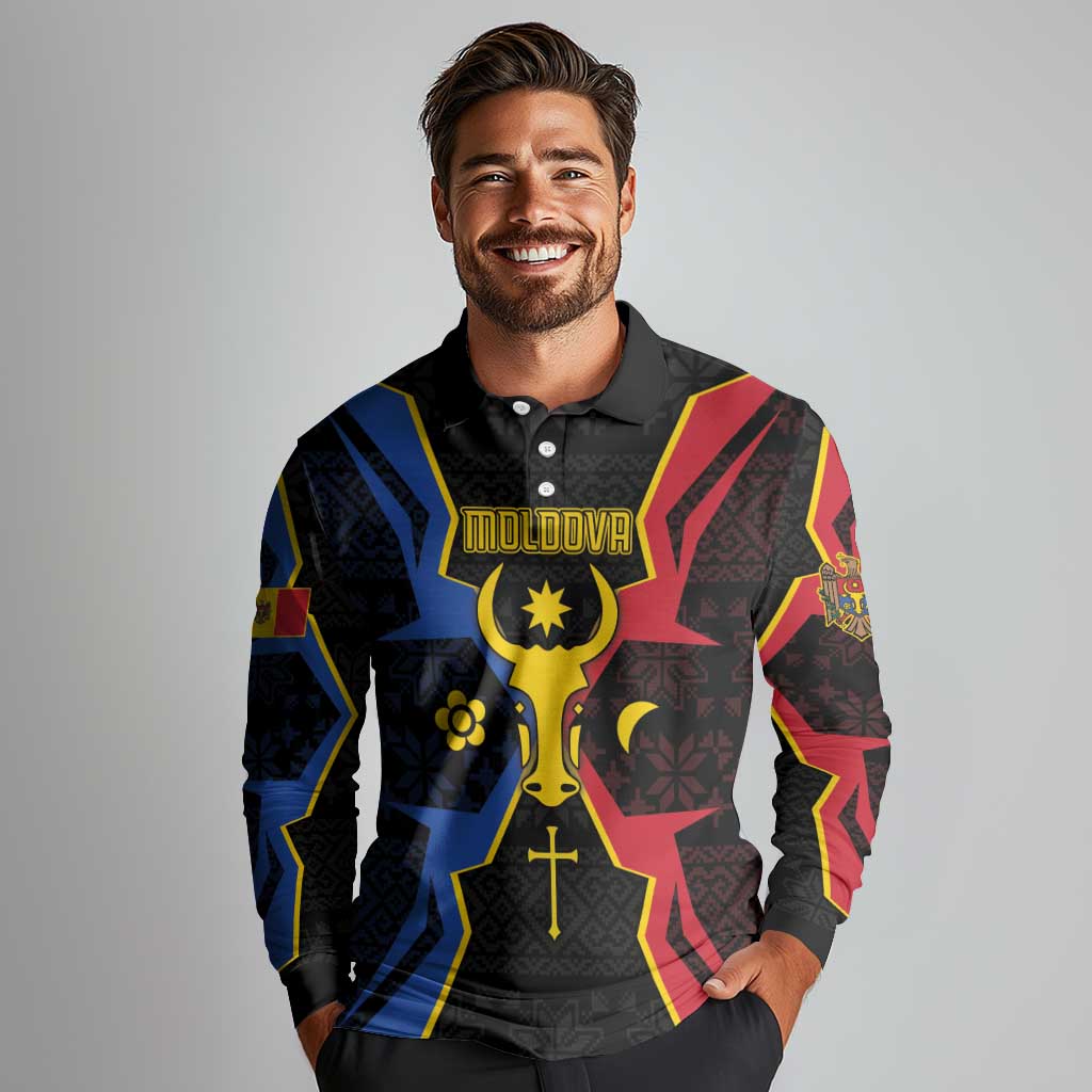 Personalized Moldova Long Sleeve Polo Shirt The Aurochs Symbol With Patterns - Wonder Print Shop