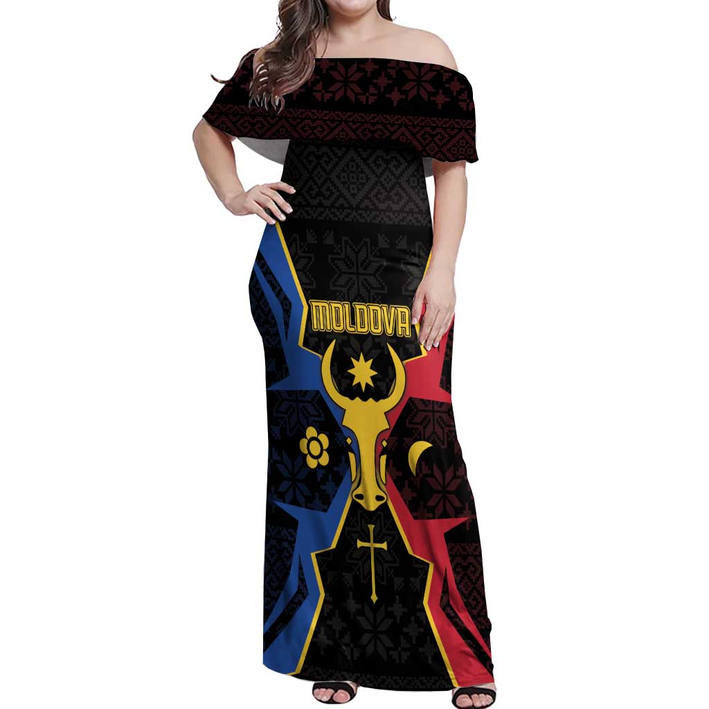Personalized Moldova Off Shoulder Maxi Dress The Aurochs Symbol With Patterns - Wonder Print Shop