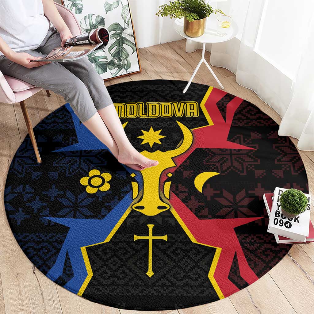 Moldova Round Carpet The Aurochs Symbol With Patterns - Wonder Print Shop