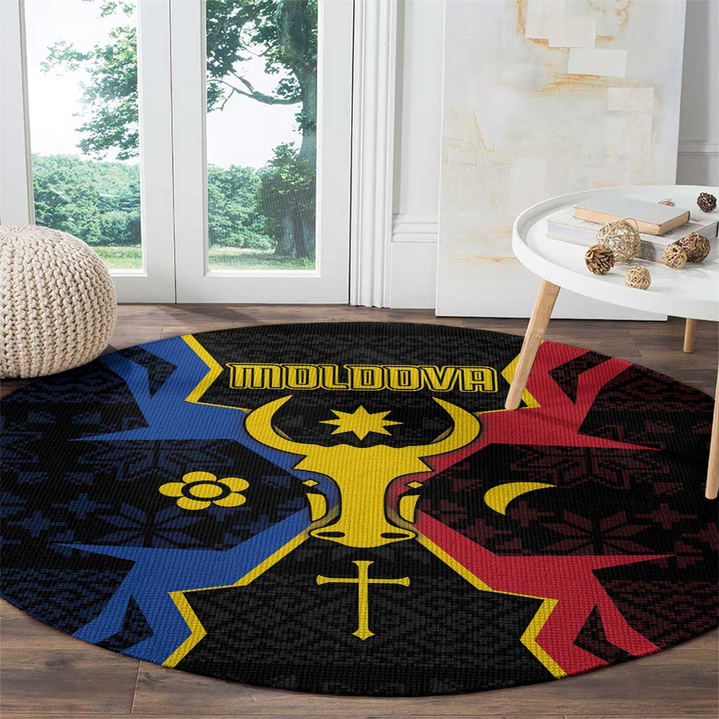 Moldova Round Carpet The Aurochs Symbol With Patterns - Wonder Print Shop