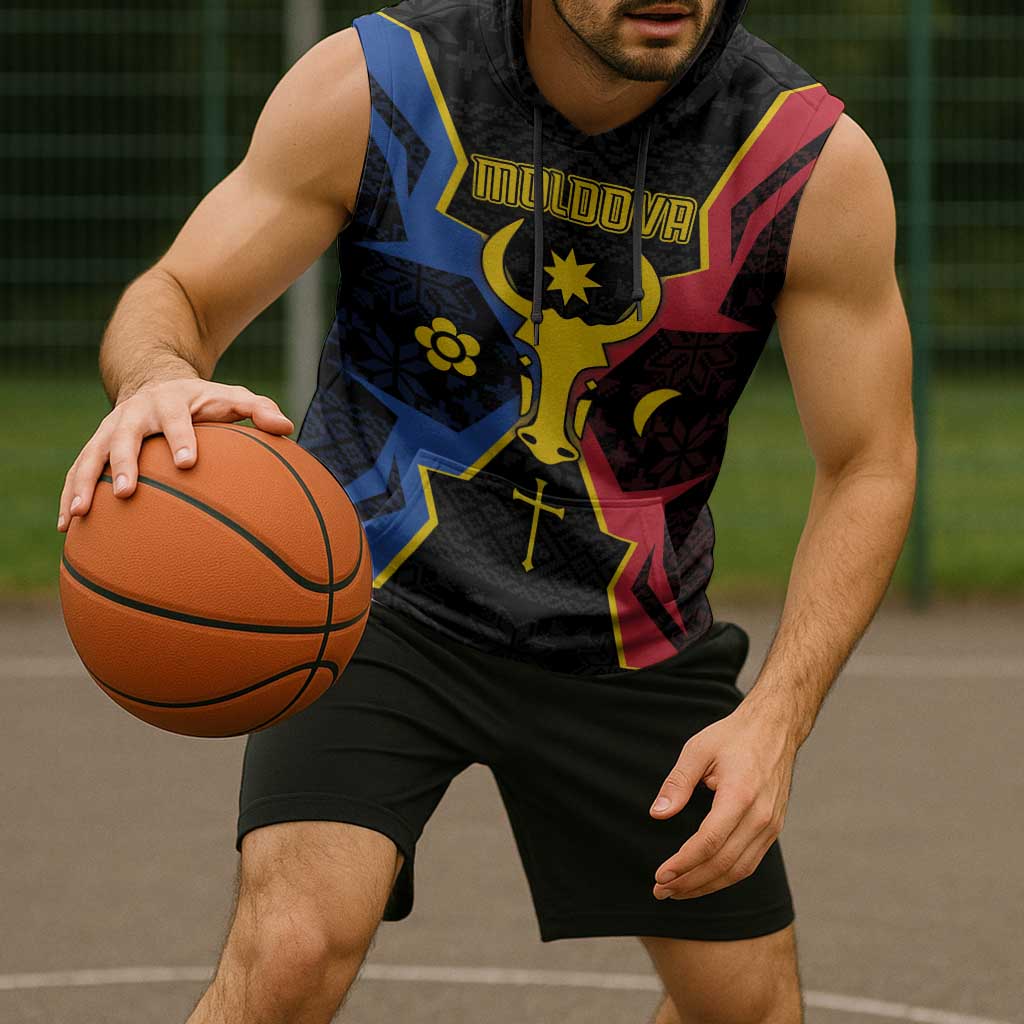 Personalized Moldova Sleeveless Hoodie The Aurochs Symbol With Patterns - Wonder Print Shop