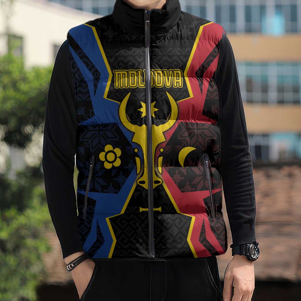 Personalized Moldova Sleeveless Puffer Jacket The Aurochs Symbol With Patterns - Wonder Print Shop