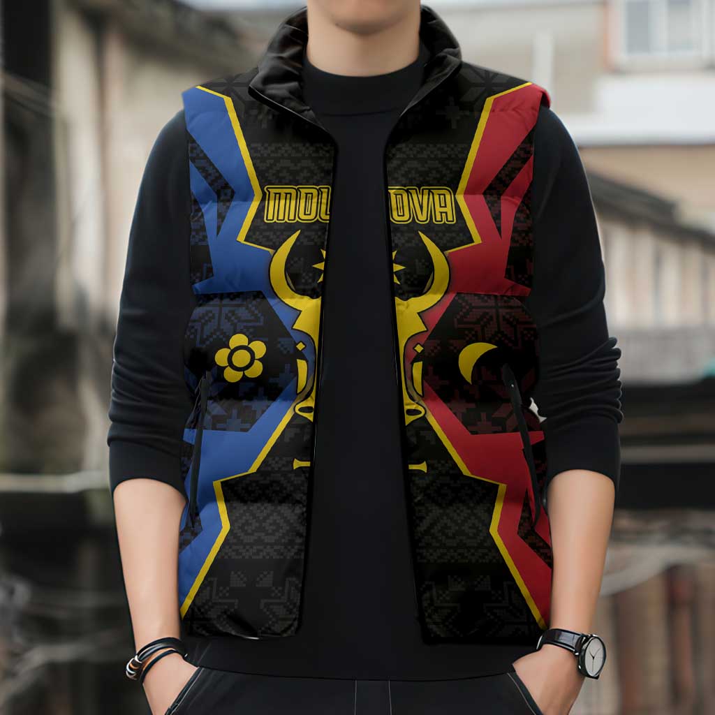 Personalized Moldova Sleeveless Puffer Jacket The Aurochs Symbol With Patterns - Wonder Print Shop