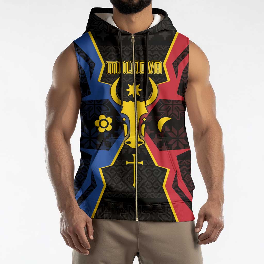 Personalized Moldova Sleeveless Zip Hoodie The Aurochs Symbol With Patterns - Wonder Print Shop