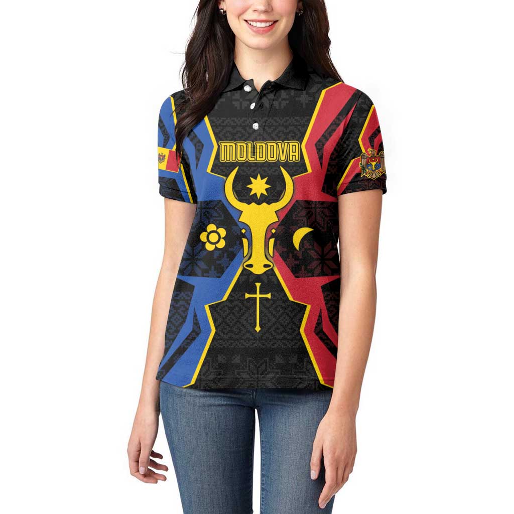 Personalized Moldova Women Polo Shirt The Aurochs Symbol With Patterns - Wonder Print Shop