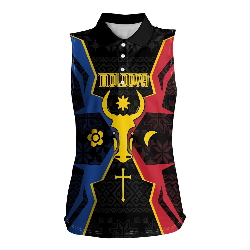Personalized Moldova Women Sleeveless Polo Shirt The Aurochs Symbol With Patterns - Wonder Print Shop