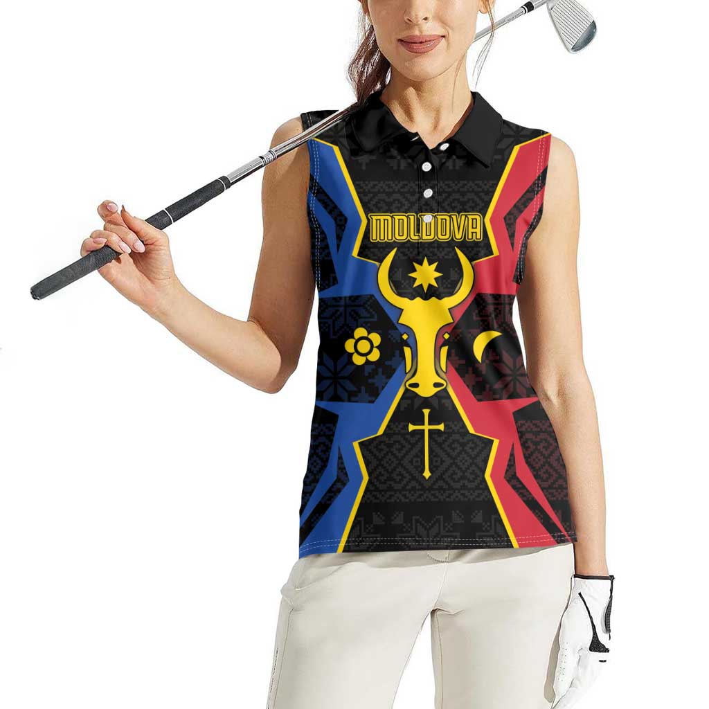 Personalized Moldova Women Sleeveless Polo Shirt The Aurochs Symbol With Patterns - Wonder Print Shop