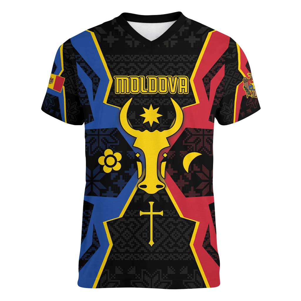 Personalized Moldova Women V-Neck T-Shirt The Aurochs Symbol With Patterns - Wonder Print Shop
