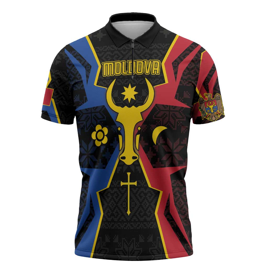 Personalized Moldova Zipper Polo Shirt The Aurochs Symbol With Patterns - Wonder Print Shop