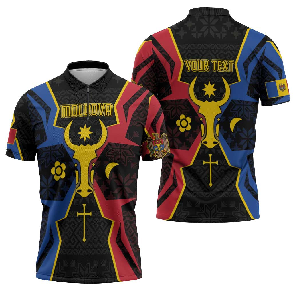 Personalized Moldova Zipper Polo Shirt The Aurochs Symbol With Patterns - Wonder Print Shop