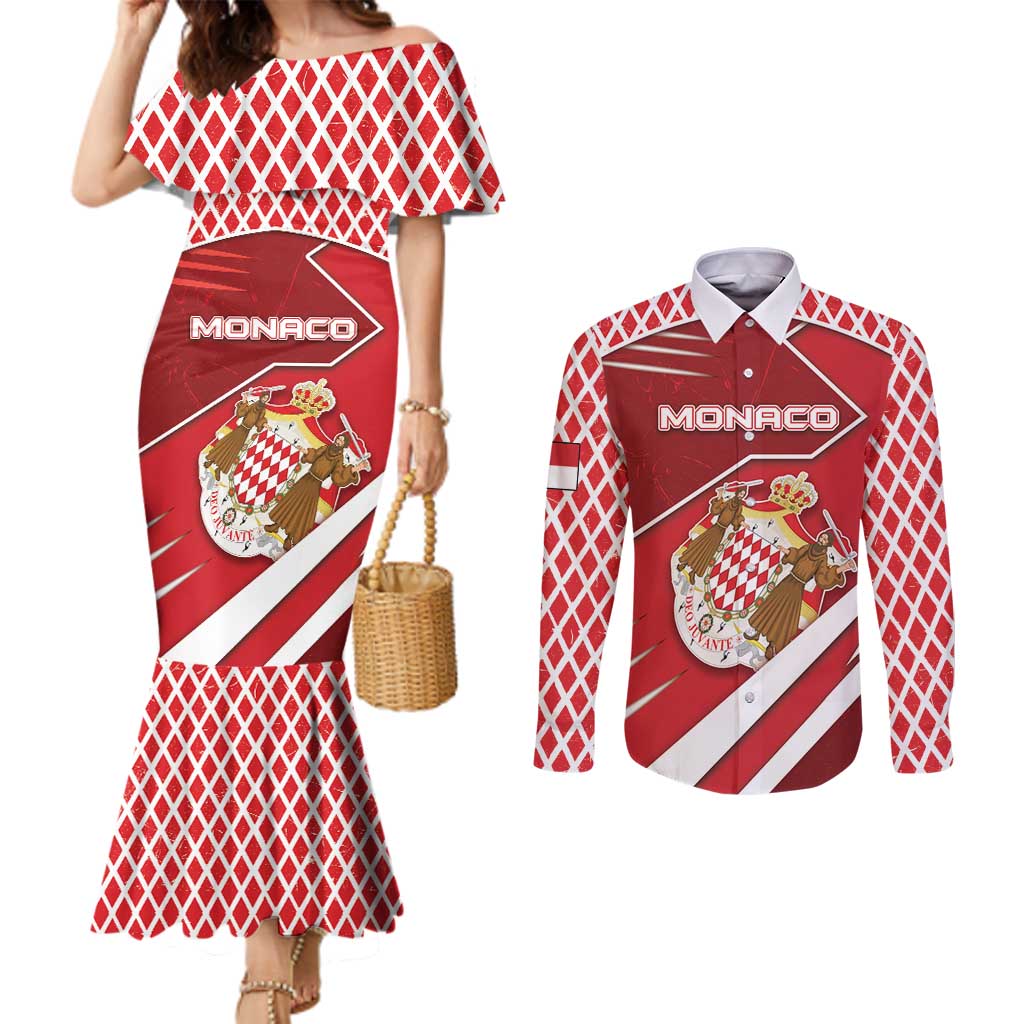 Personalized Monaco Couples Matching Mermaid Dress and Long Sleeve Button Shirt Coat Of Arms Unique Style - Wonder Print Shop