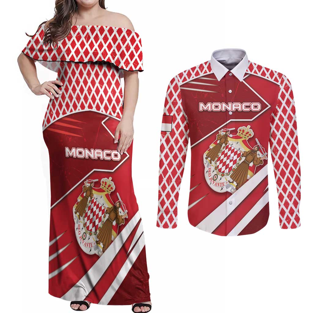 Personalized Monaco Couples Matching Off Shoulder Maxi Dress and Long Sleeve Button Shirt Coat Of Arms Unique Style - Wonder Print Shop