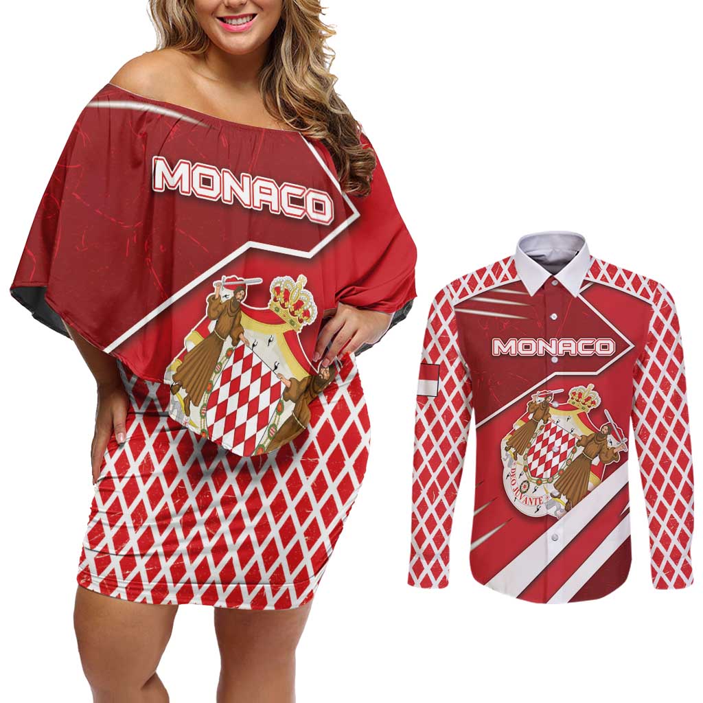 Personalized Monaco Couples Matching Off Shoulder Short Dress and Long Sleeve Button Shirt Coat Of Arms Unique Style - Wonder Print Shop