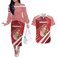 Personalized Monaco Couples Matching Off The Shoulder Long Sleeve Dress and Hawaiian Shirt Coat Of Arms Unique Style - Wonder Print Shop