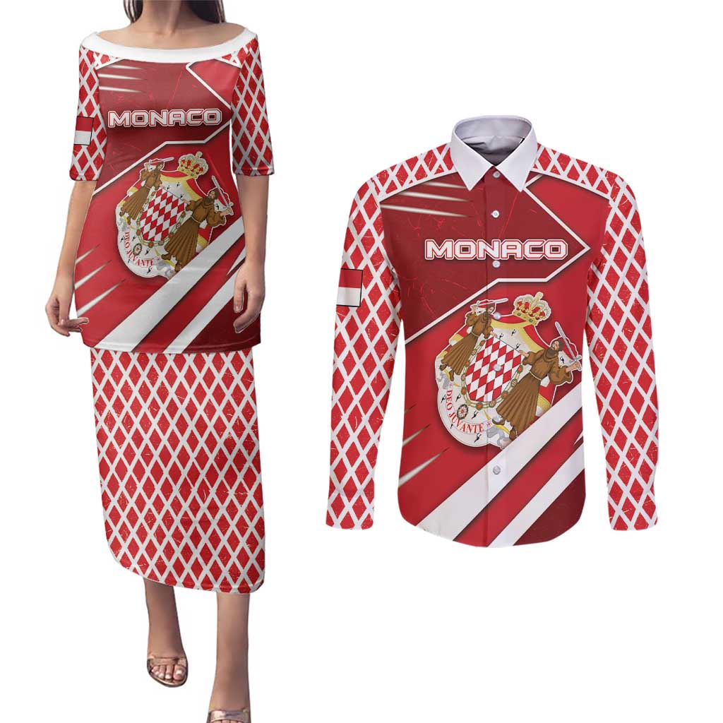 Personalized Monaco Couples Matching Puletasi and Long Sleeve Button Shirt Coat Of Arms Unique Style - Wonder Print Shop