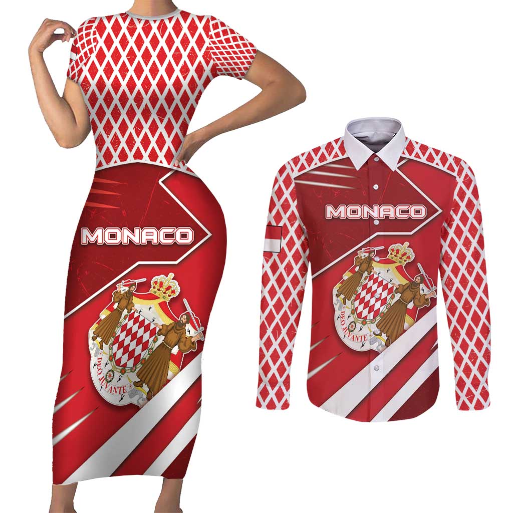 Personalized Monaco Couples Matching Short Sleeve Bodycon Dress and Long Sleeve Button Shirt Coat Of Arms Unique Style - Wonder Print Shop