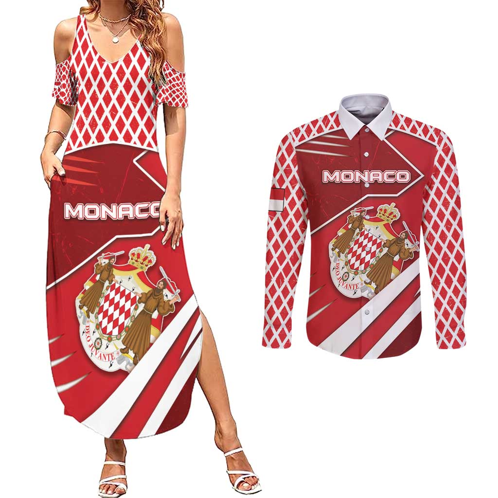 Personalized Monaco Couples Matching Summer Maxi Dress and Long Sleeve Button Shirt Coat Of Arms Unique Style - Wonder Print Shop