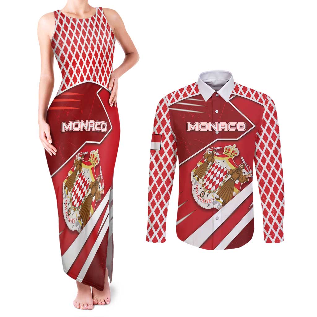Personalized Monaco Couples Matching Tank Maxi Dress and Long Sleeve Button Shirt Coat Of Arms Unique Style - Wonder Print Shop