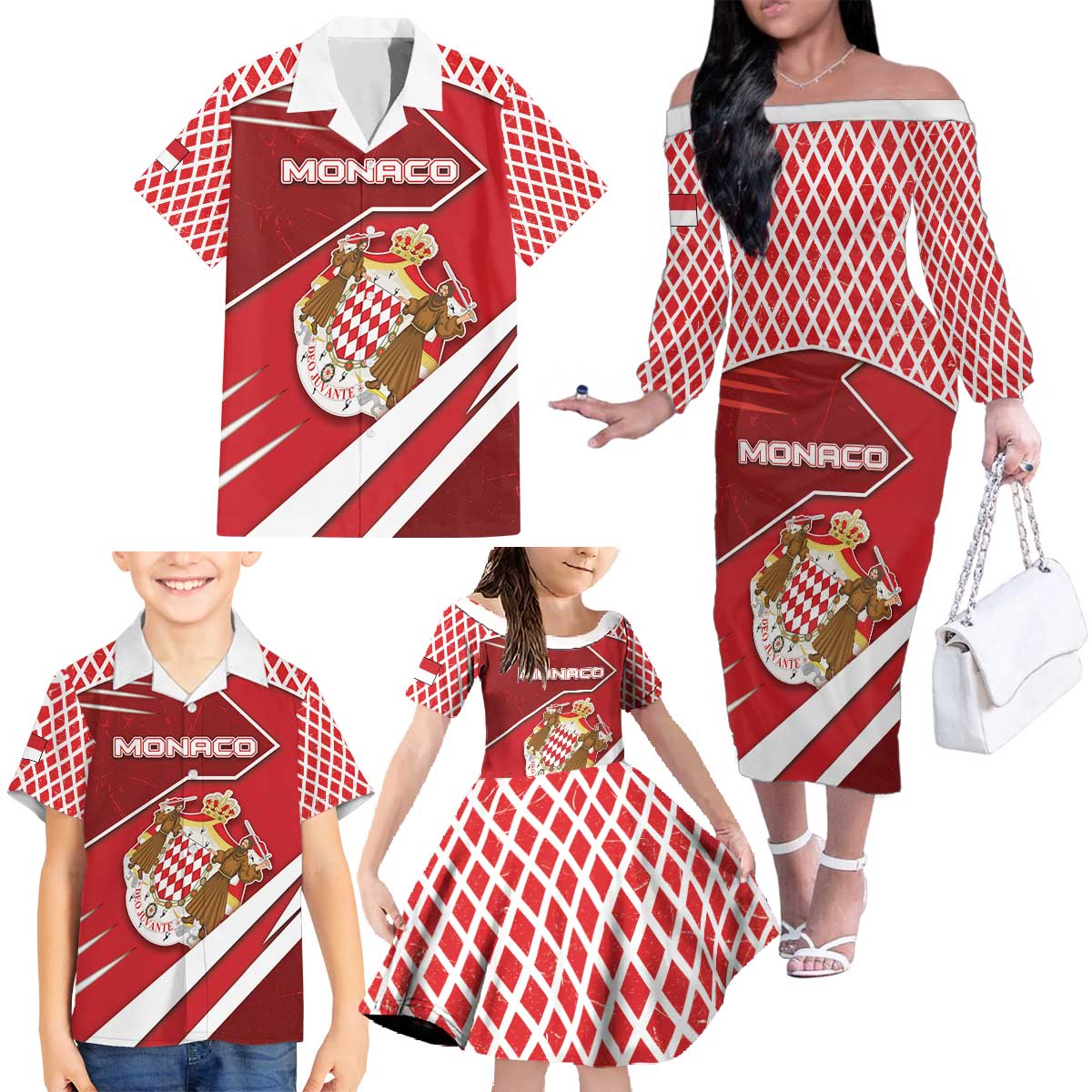 Personalized Monaco Family Matching Off The Shoulder Long Sleeve Dress and Hawaiian Shirt Coat Of Arms Unique Style - Wonder Print Shop