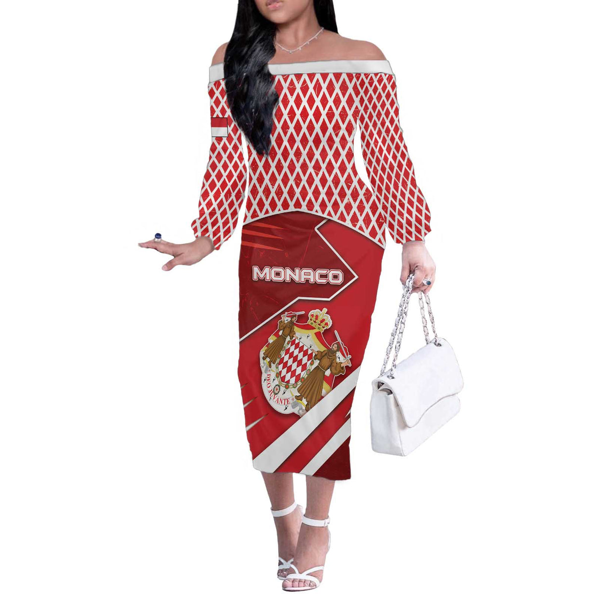 Personalized Monaco Off The Shoulder Long Sleeve Dress Coat Of Arms Unique Style - Wonder Print Shop