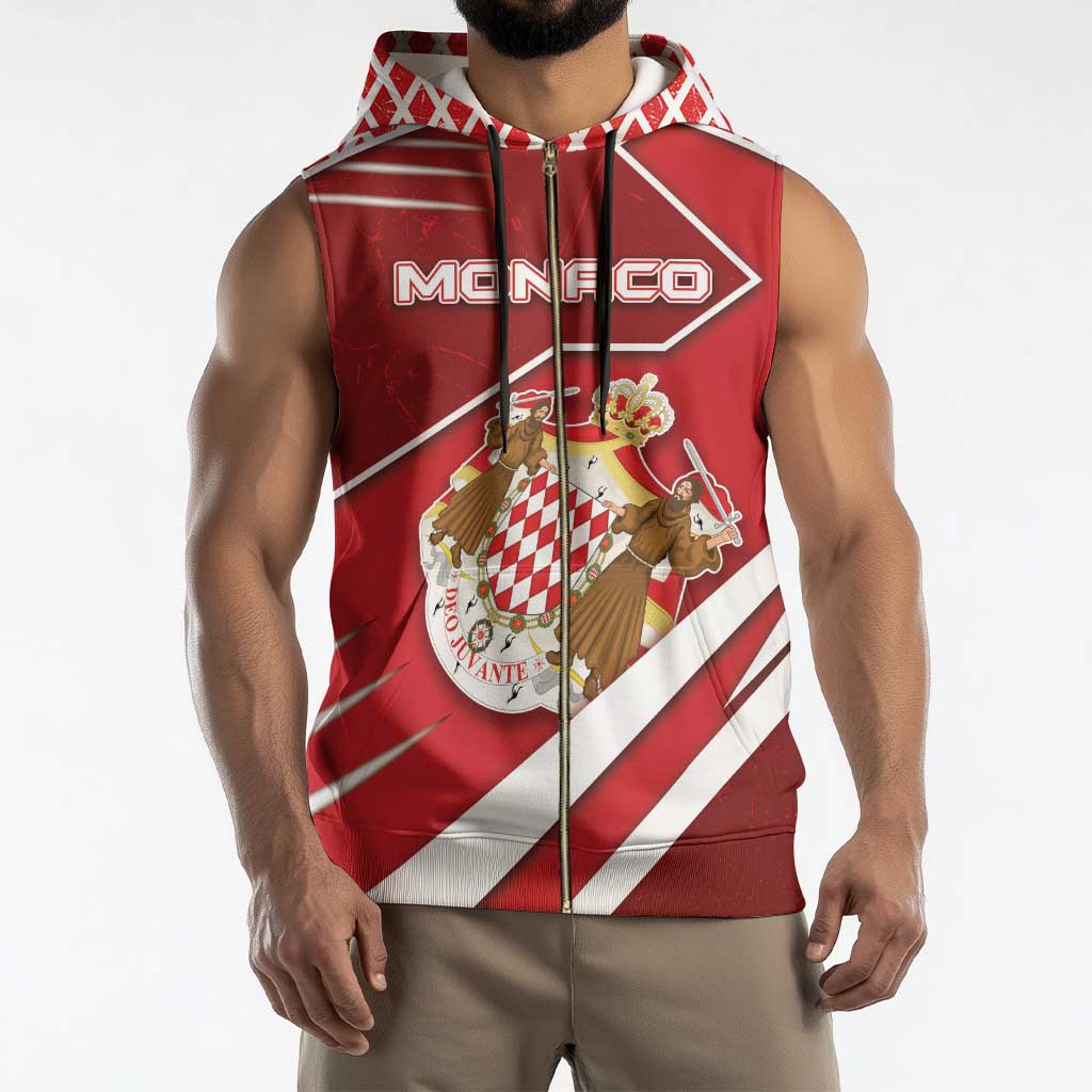 Personalized Monaco Sleeveless Zip Hoodie Coat Of Arms Unique Style - Wonder Print Shop