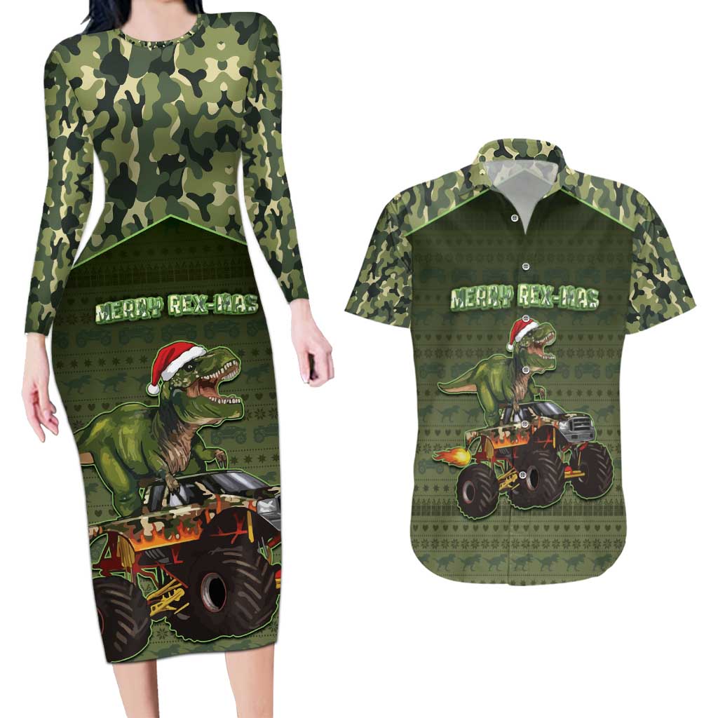 Dinosaur Christmas Couples Matching Long Sleeve Bodycon Dress and Hawaiian Shirt Merry Rexmas - Wonder Print Shop