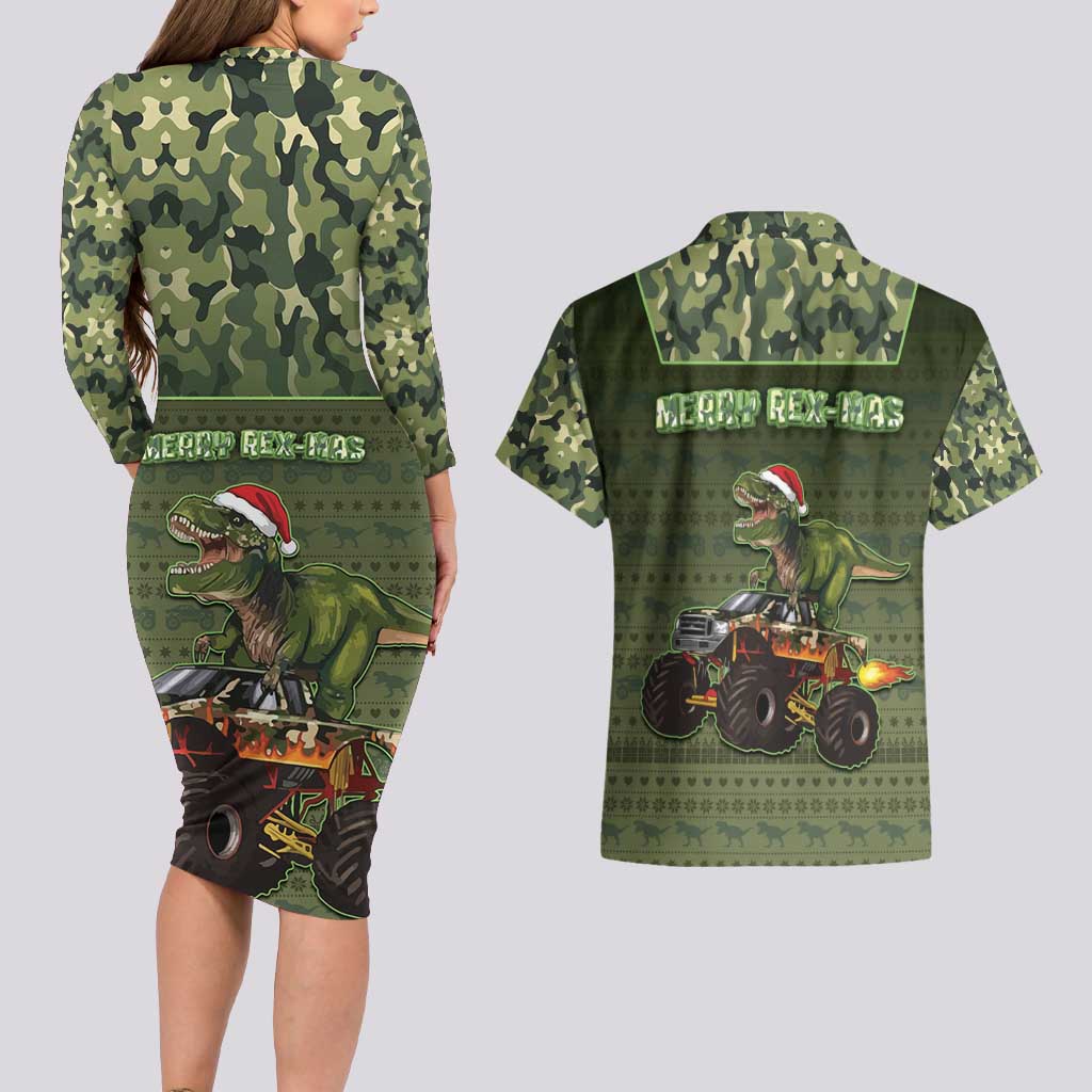Dinosaur Christmas Couples Matching Long Sleeve Bodycon Dress and Hawaiian Shirt Merry Rexmas - Wonder Print Shop