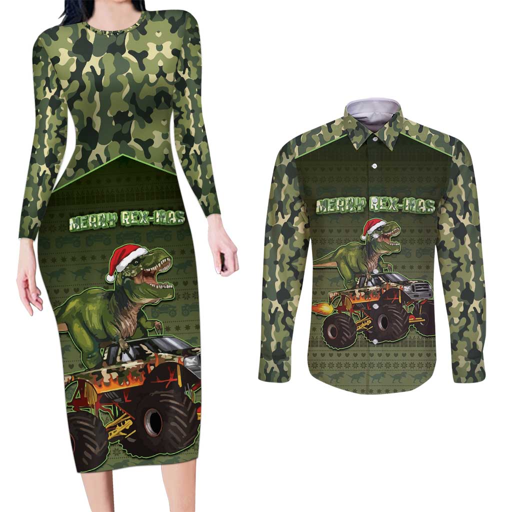 Dinosaur Christmas Couples Matching Long Sleeve Bodycon Dress and Long Sleeve Button Shirt Merry Rexmas - Wonder Print Shop